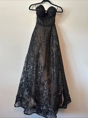 Sherri Hill Black Strapless Sequin Lace A-Line Gown